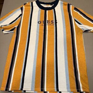 men’s vintage 90’s Guess Los Angeles vertical striped tee Medium embroidered